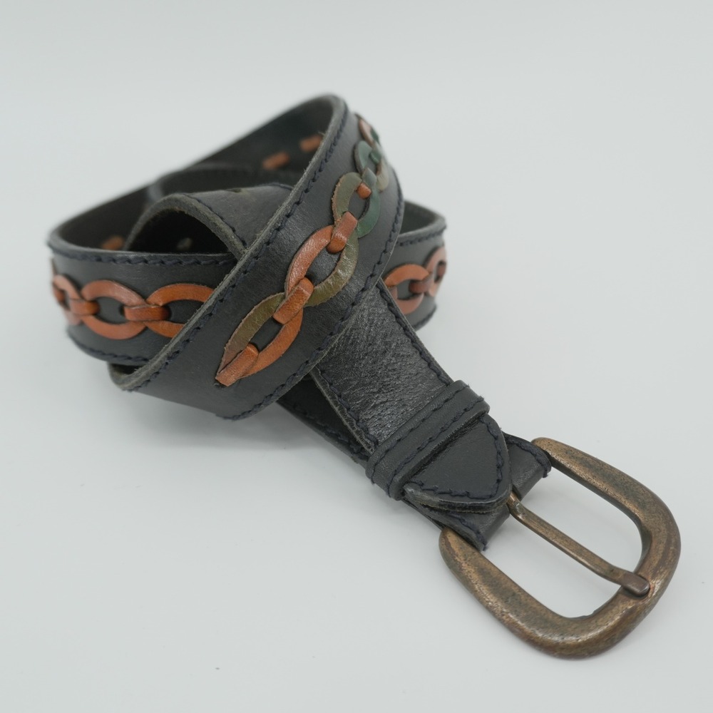 Echo Leather Belt Women Large 32" Navy Multi Color Woven Chain Link Brass Buckle